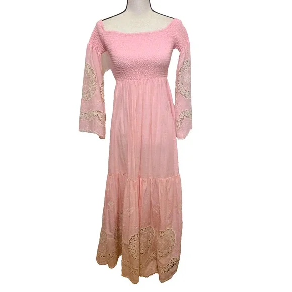 Antica Sartoria Off The Shoulder Boho Pink hippie Maxi Dress one size small - Picture 2 of 16